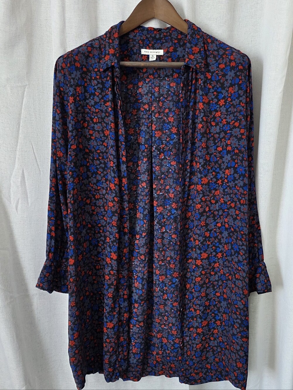 Button-Front Floral Tunic in Navy with Red and Blue Flowers
